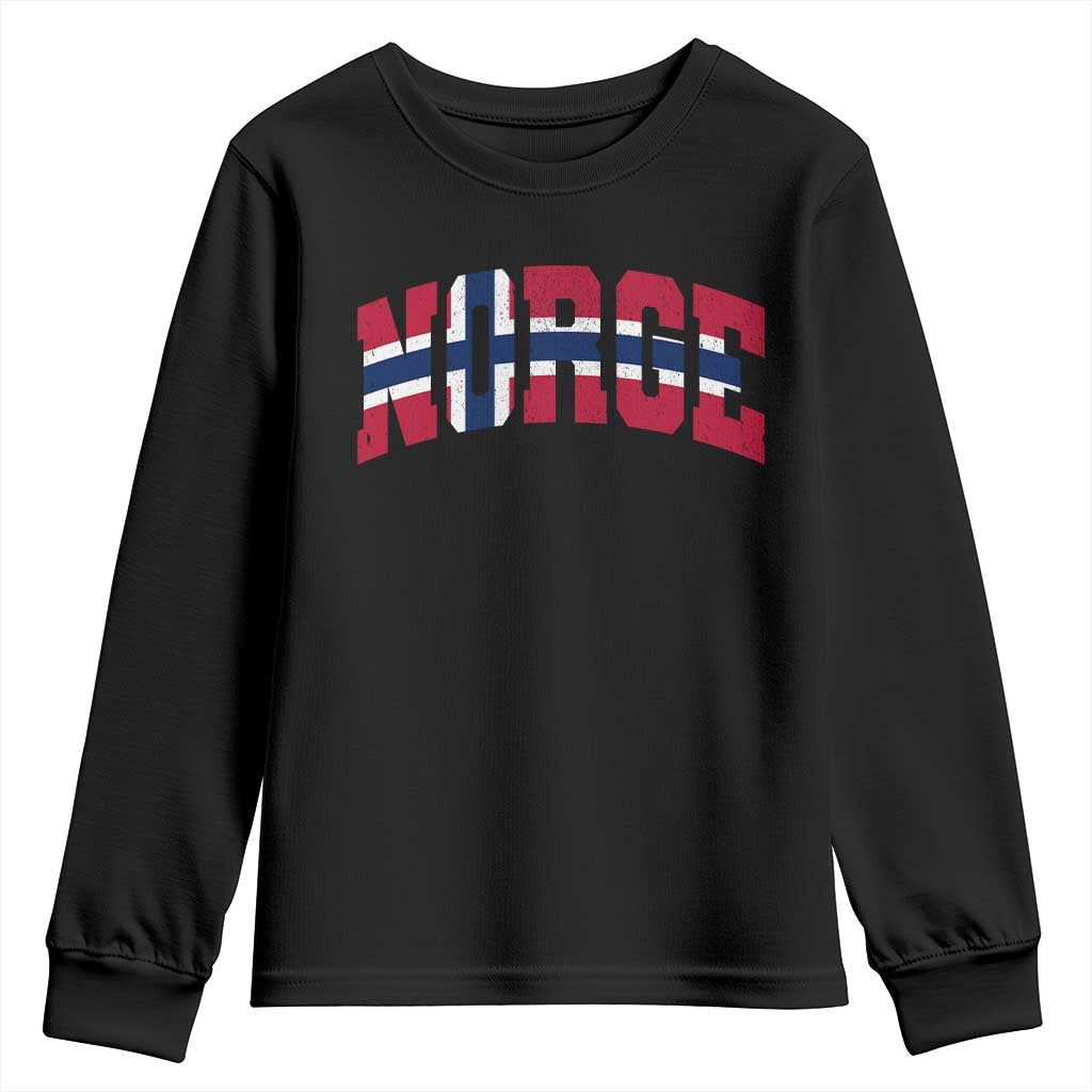 Norge Flag Youth Sweatshirt Varsity Lettering Vintage Distressed Norway Norwegian Pride Scandinavian TS10 Black Print Your Wear