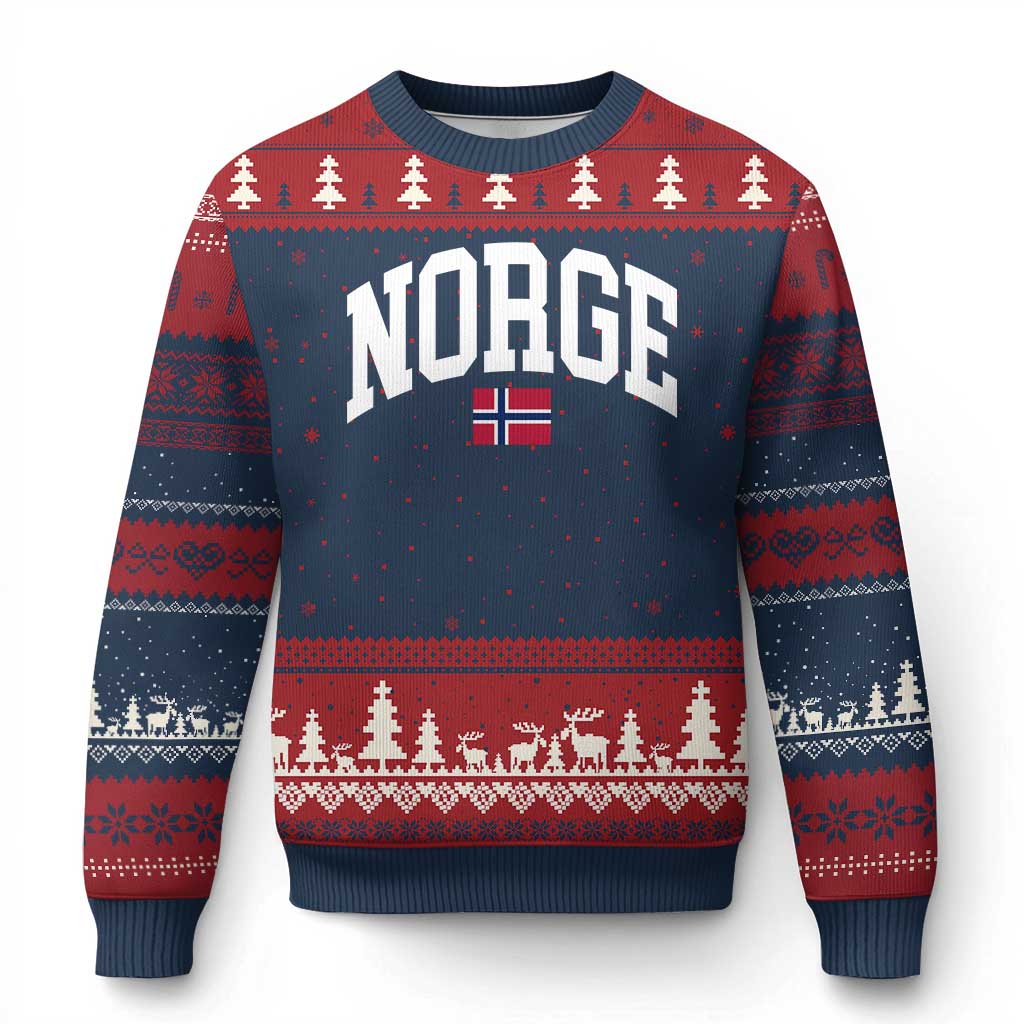 Norge Norway Flag Ugly Christmas Sweater Retro Varsity Lettering Norwegian Pride Scandinavian Heritage Graphic TS10 Navy Red Print Your Wear