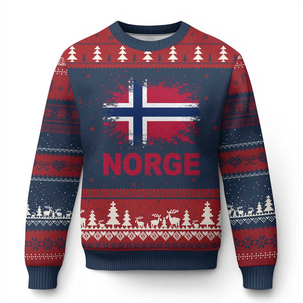 Norge Flag Ugly Christmas Sweater Norway Watercolor Splatter Vintage Norwegian Pride Patriotic TS10 Navy Red Print Your Wear