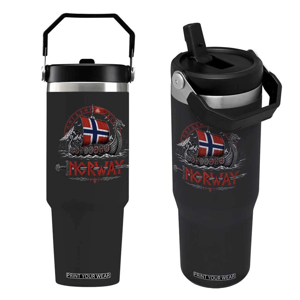 Retro Norwegian Viking Longship Norway Flag Flip Straw Tumbler Vintage Nordic Heritage Warrior TS10 One Size: 30 oz Black Print Your Wear