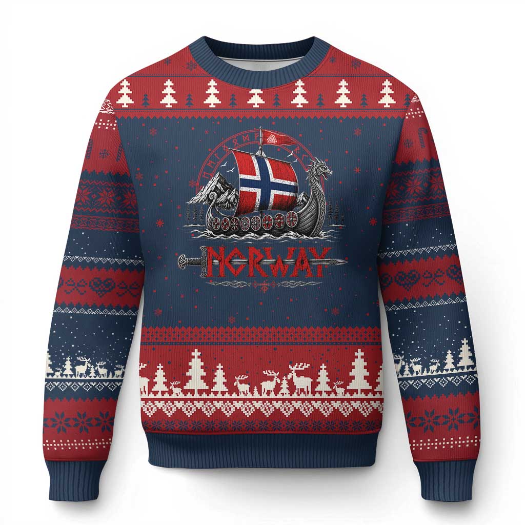 Retro Norwegian Viking Longship Norway Flag Ugly Christmas Sweater Vintage Nordic Heritage Warrior TS10 Navy Red Print Your Wear