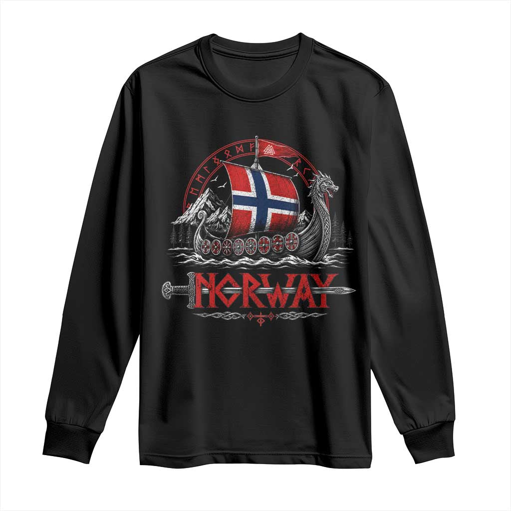 Retro Norwegian Viking Longship Norway Flag Long Sleeve Shirt Vintage Nordic Heritage Warrior TS10 Black Print Your Wear