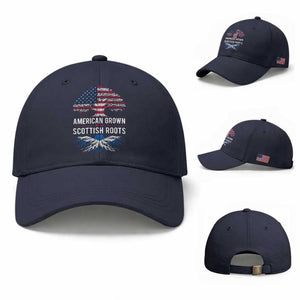 American Grown With Scottish Roots Baseball Cap Family Heritage USA Scotland Pride Gift TS10 Baseball Cap Universal Fit Navy Print Your Wear