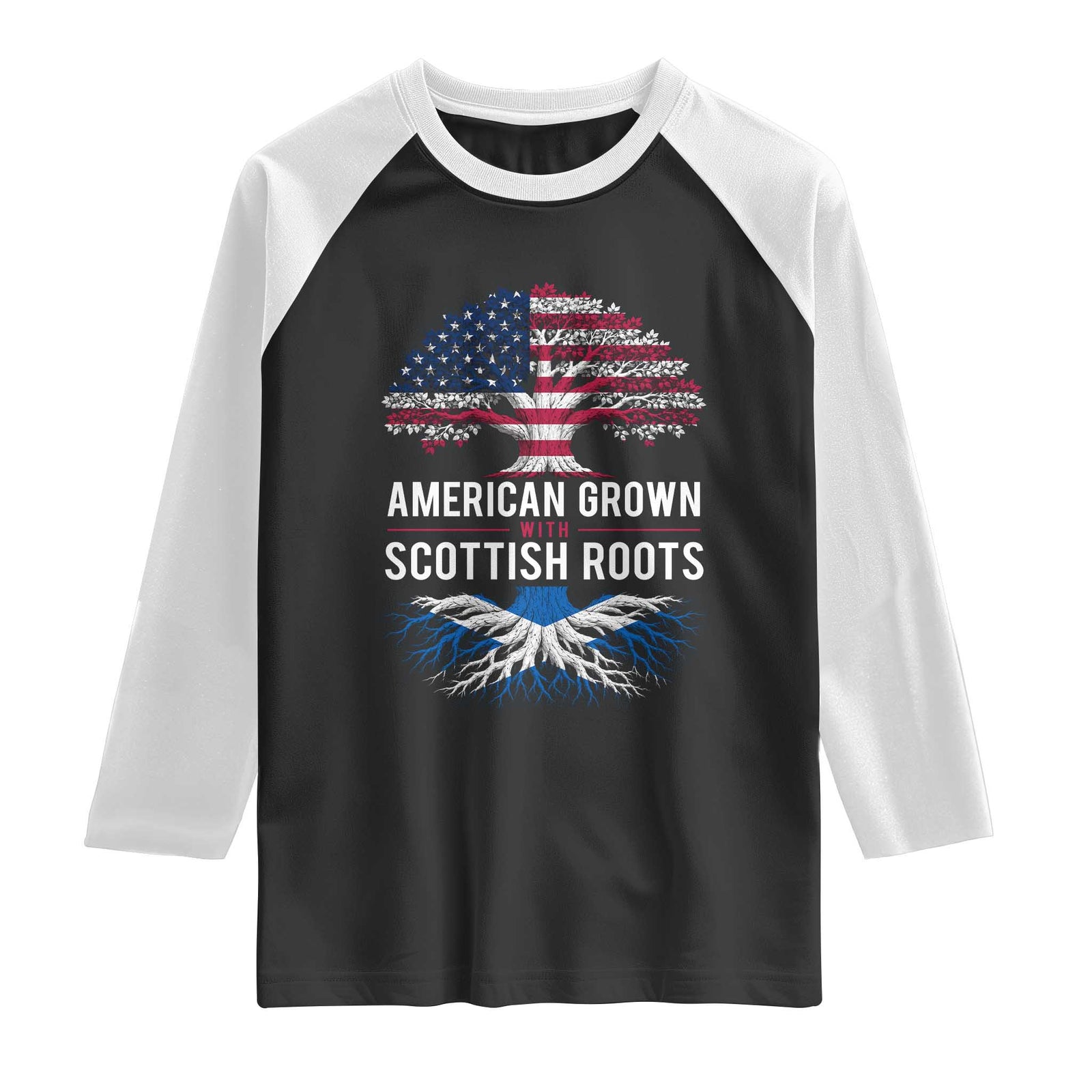 American Grown With Scottish Roots Raglan Shirt Family Heritage USA Scotland Pride Gift TS10 Black White Print Your Wear