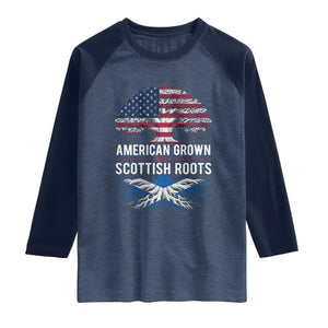 American Grown With Scottish Roots Raglan Shirt Family Heritage USA Scotland Pride Gift TS10 Heather Denim Navy Print Your Wear