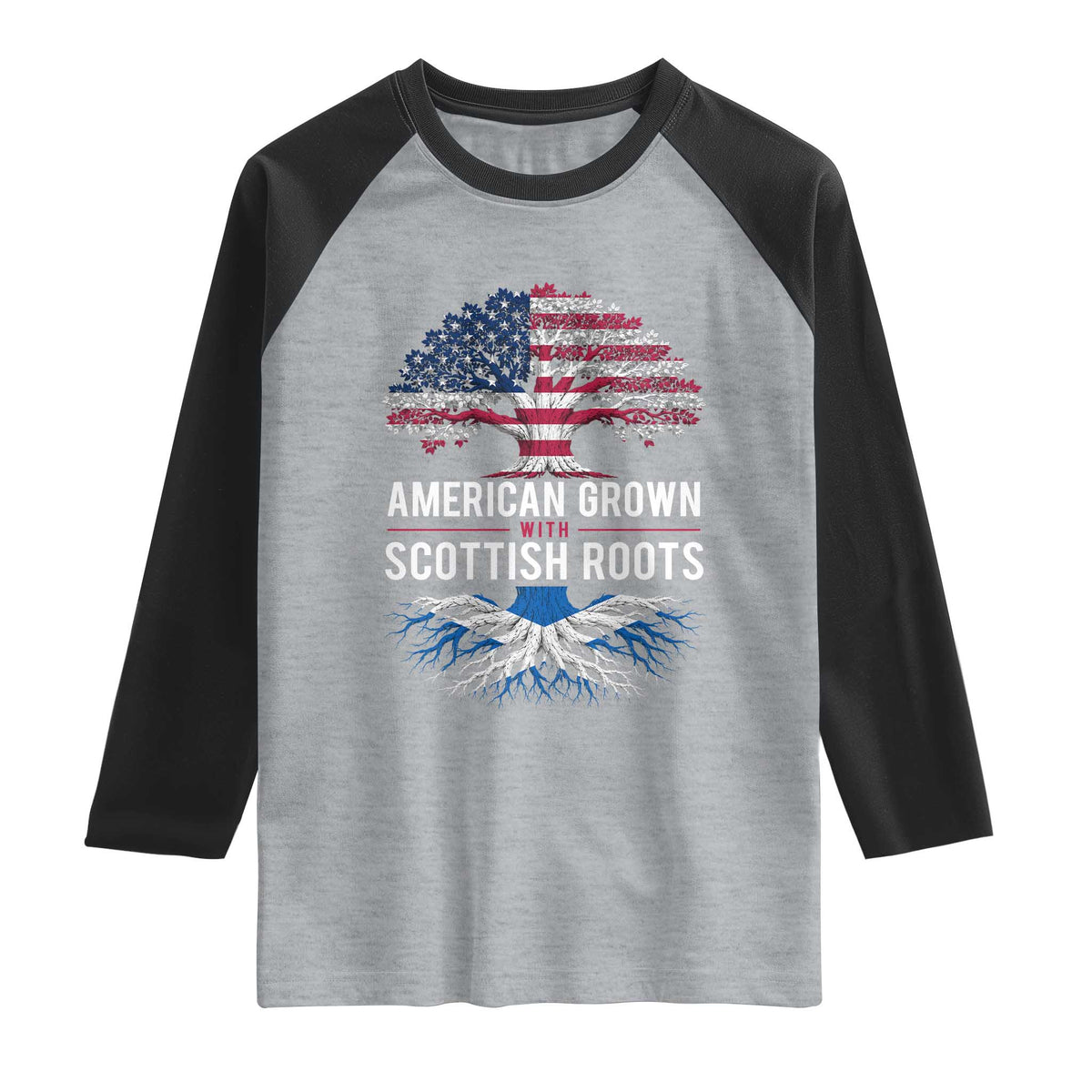 American Grown With Scottish Roots Raglan Shirt Family Heritage USA Scotland Pride Gift TS10 Heather Gray Black Print Your Wear