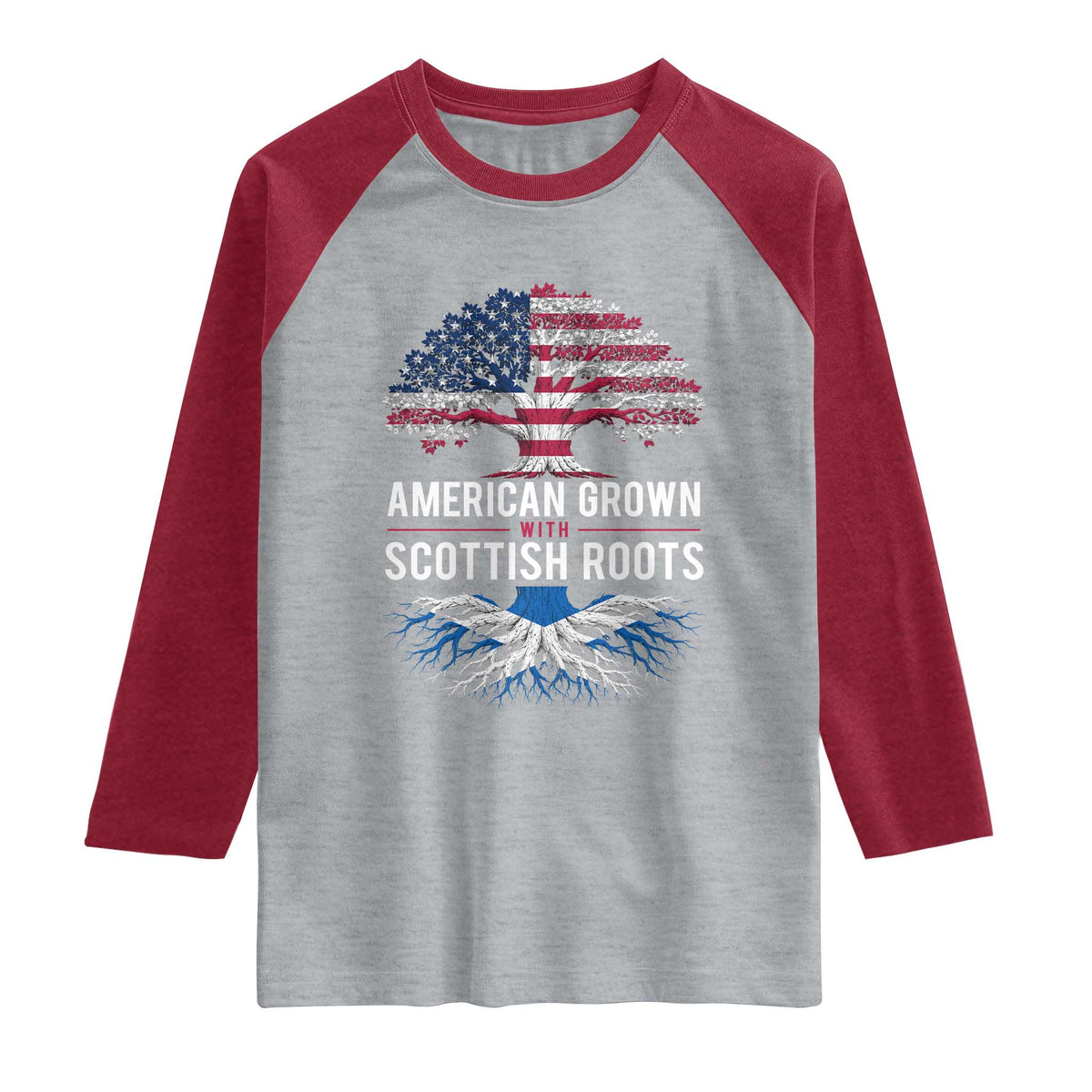 American Grown With Scottish Roots Raglan Shirt Family Heritage USA Scotland Pride Gift TS10 Heather Gray Heather Red Print Your Wear