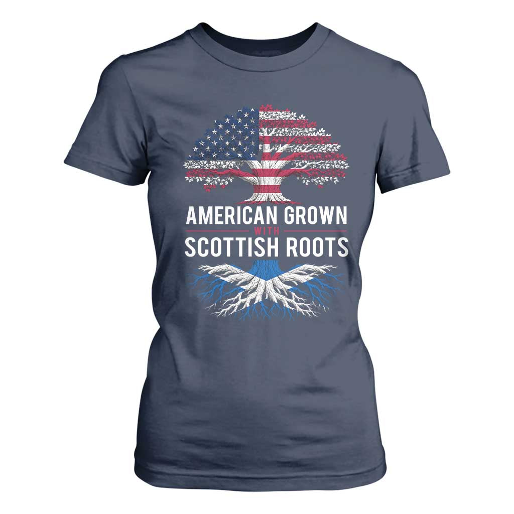 American Grown With Scottish Roots T Shirt For Women Family Heritage USA Scotland Pride Gift TS10 Navy Print Your Wear