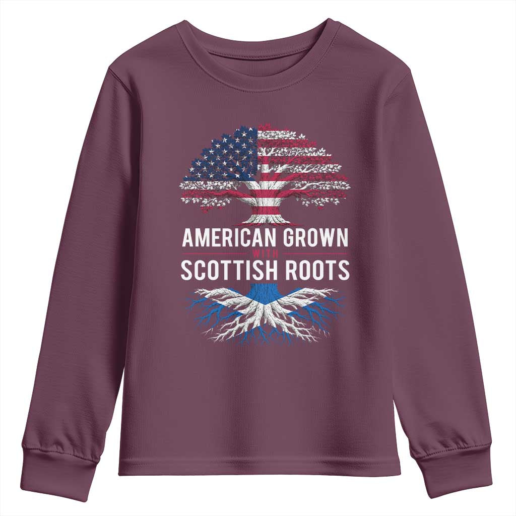 American Grown With Scottish Roots Youth Sweatshirt Family Heritage USA Scotland Pride Gift TS10 Maroon Print Your Wear
