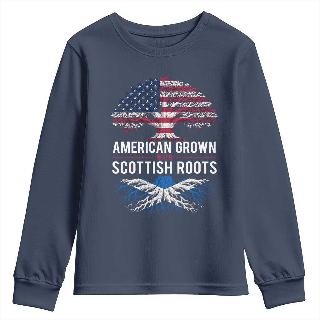 American Grown With Scottish Roots Youth Sweatshirt Family Heritage USA Scotland Pride Gift TS10 Navy Print Your Wear