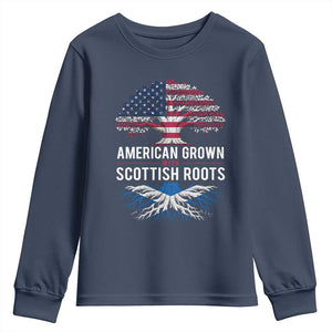 American Grown With Scottish Roots Youth Sweatshirt Family Heritage USA Scotland Pride Gift TS10 Navy Print Your Wear