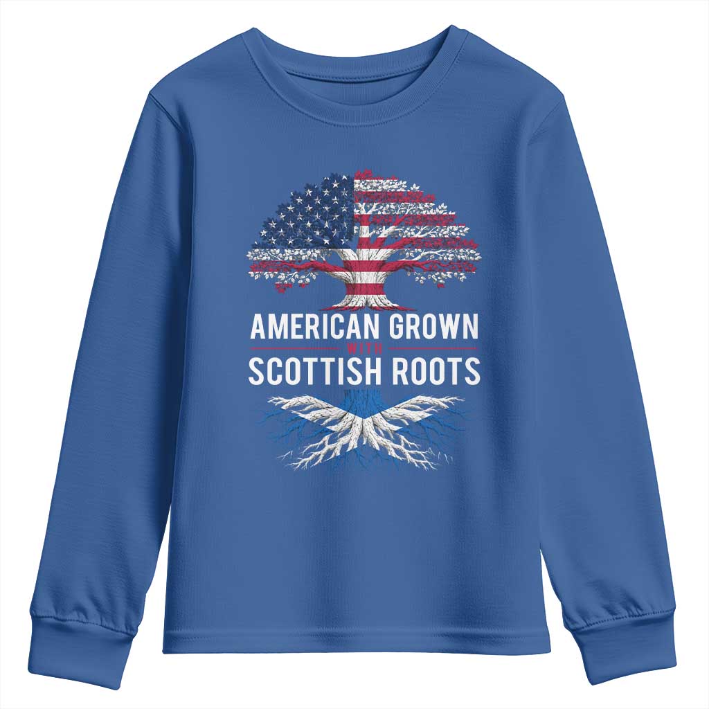 American Grown With Scottish Roots Youth Sweatshirt Family Heritage USA Scotland Pride Gift TS10 Royal Blue Print Your Wear