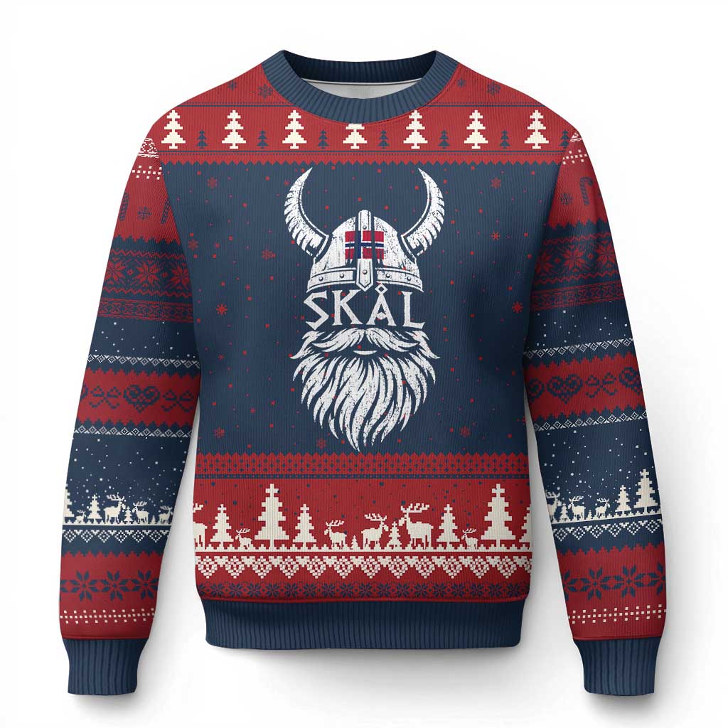 Skål Viking Norway Flag Ugly Christmas Sweater Norwegian Cheer Vintage Norse Pride Graphic TS10 Navy Red Print Your Wear