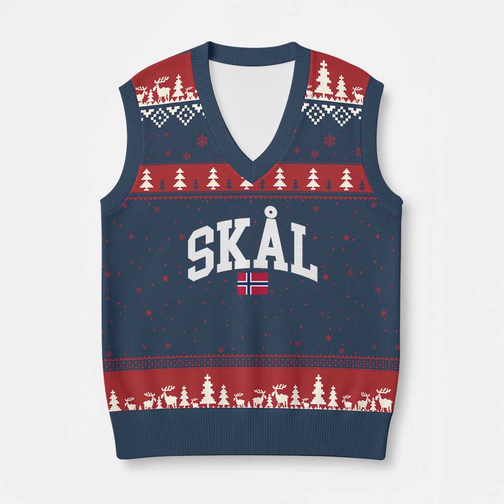 Skal Norwegian Sayings V-Neck Knit Sweater Vest Cheers in Norwegian Norway Viking Heritage Scandinavian Graphic TS10 Navy Red Print Your Wear