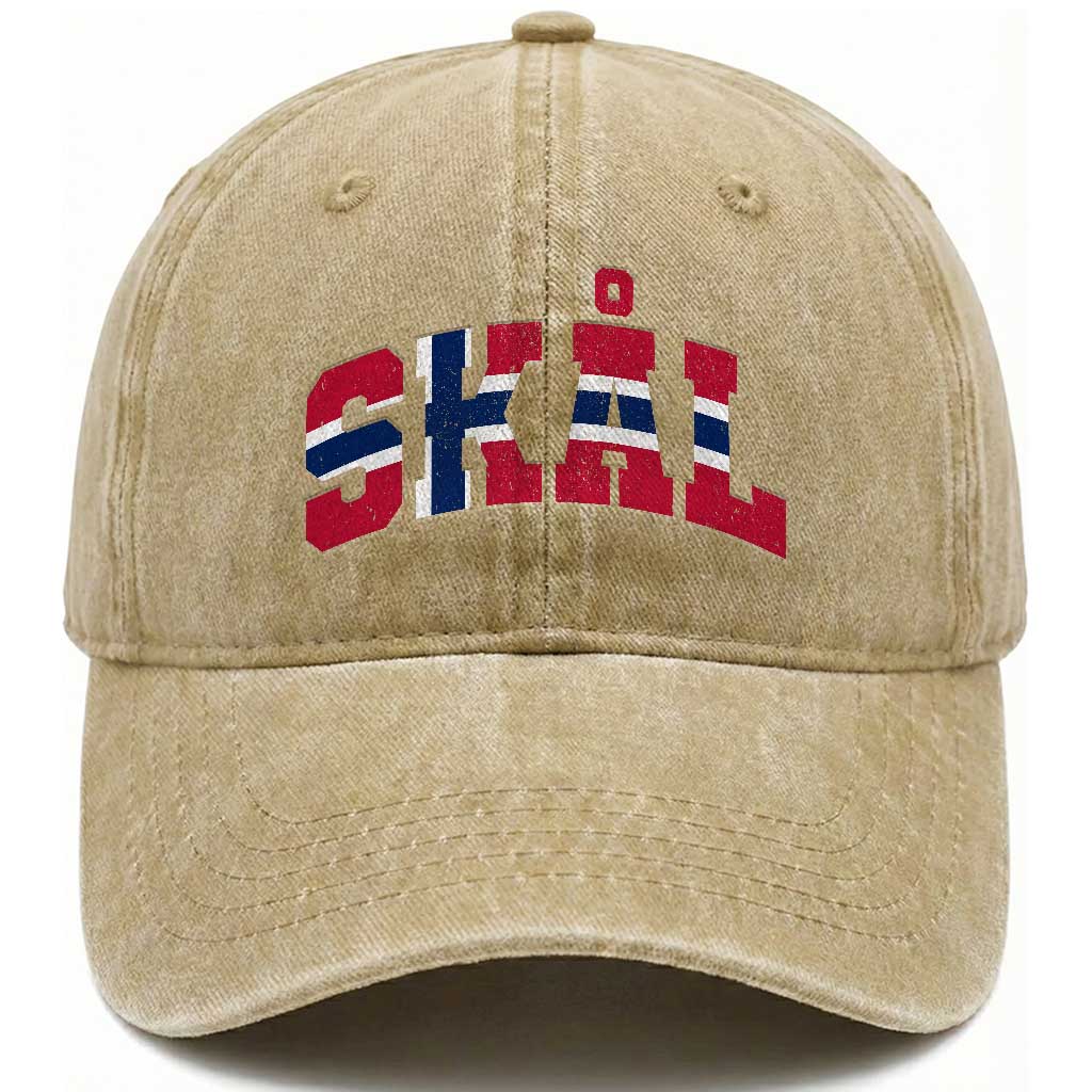 Skal Norway Flag Washed Cotton Baseball Cap Vintage Cheers Norwegian Sayings Viking Heritage Scandinavian Graphic