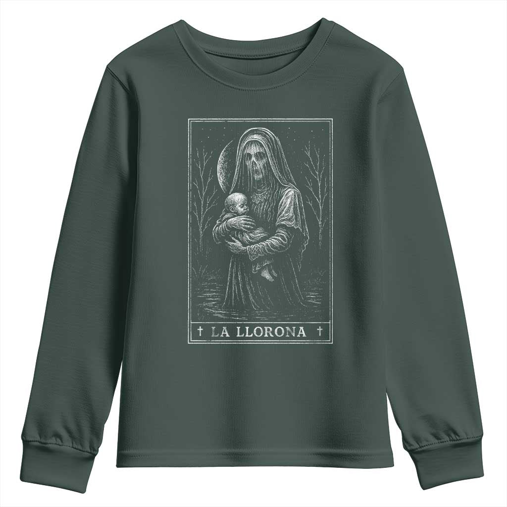 La Llorona Youth Sweatshirt Tarot Card Horror Death Occult Mexican Folklore Halloween TS10 Dark Forest Green Print Your Wear