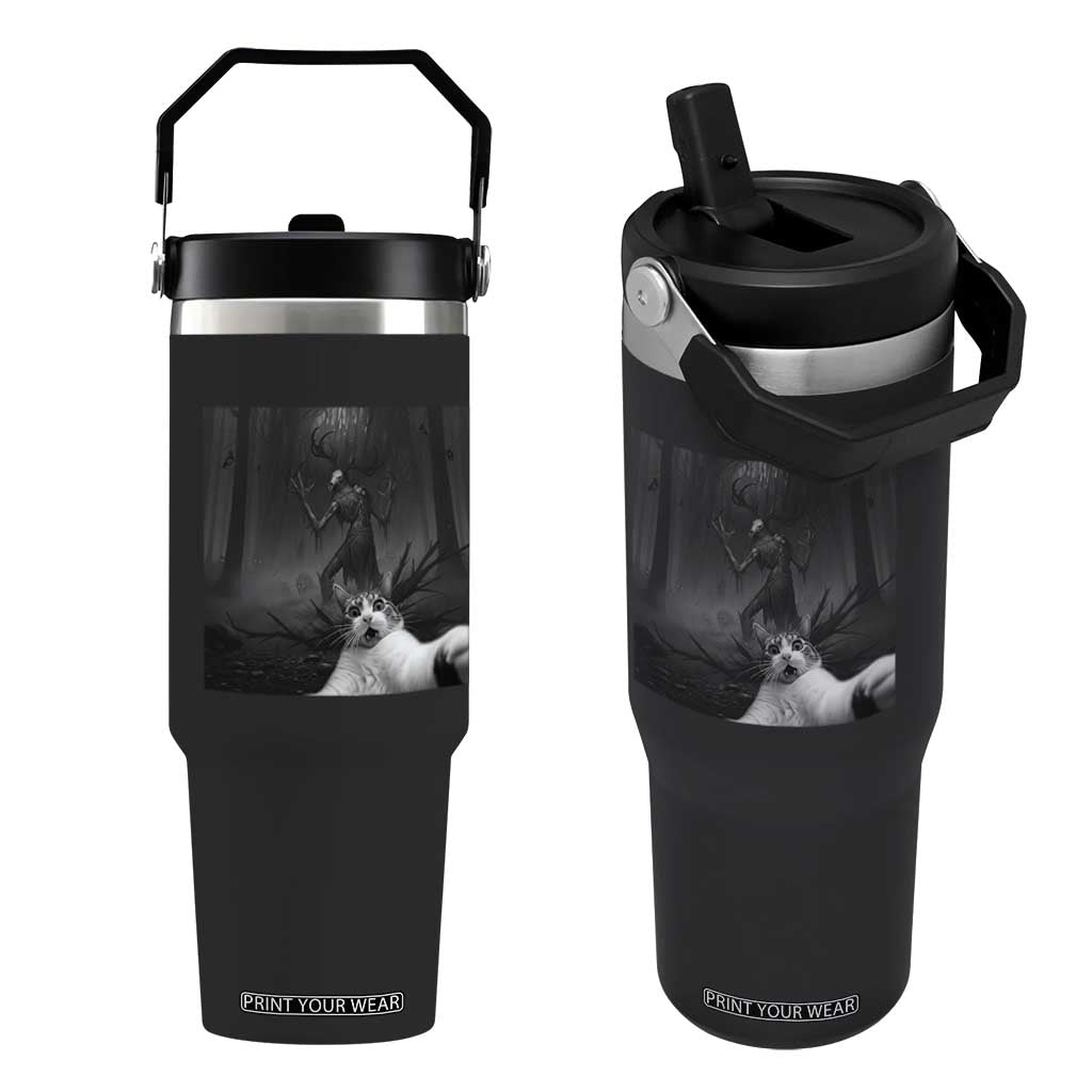 Cat Selfie With Wendigo Flip Straw Tumbler Horror Halloween Funny Cat Gifts TS10 One Size: 30 oz Black Print Your Wear
