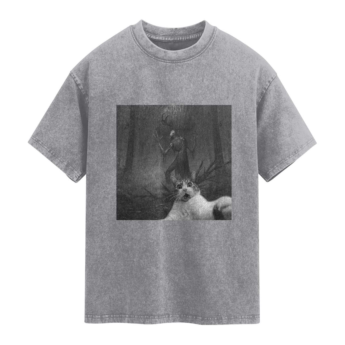 Cat Selfie With Wendigo Washed Cotton T-Shirt Horror Halloween Funny Cat Gifts
