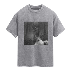 Cat Selfie With Wendigo Washed Cotton T-Shirt Horror Halloween Funny Cat Gifts