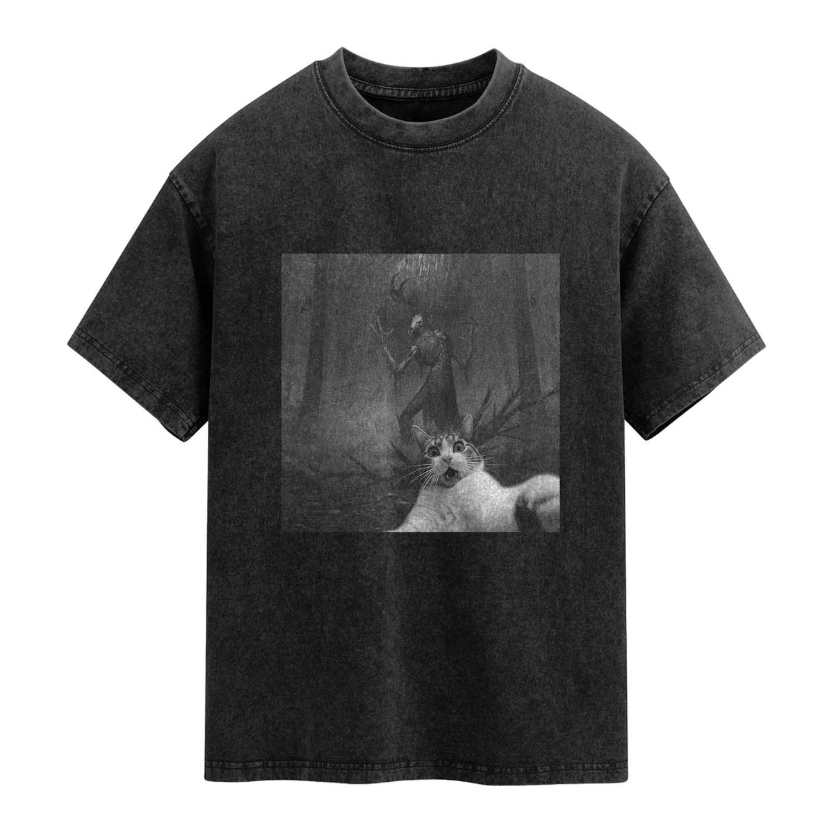Cat Selfie With Wendigo Washed Cotton T-Shirt Horror Halloween Funny Cat Gifts