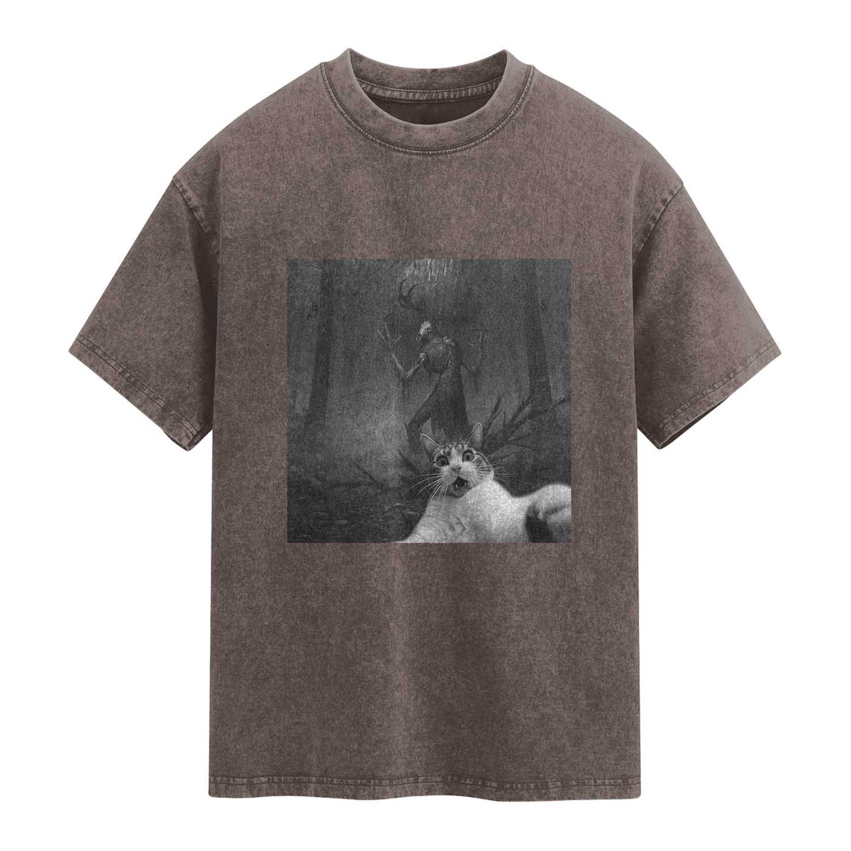 Cat Selfie With Wendigo Washed Cotton T-Shirt Horror Halloween Funny Cat Gifts