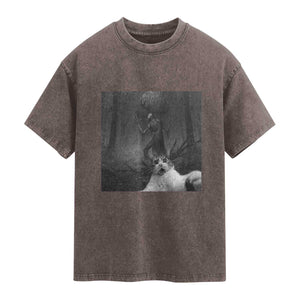 Cat Selfie With Wendigo Washed Cotton T-Shirt Horror Halloween Funny Cat Gifts