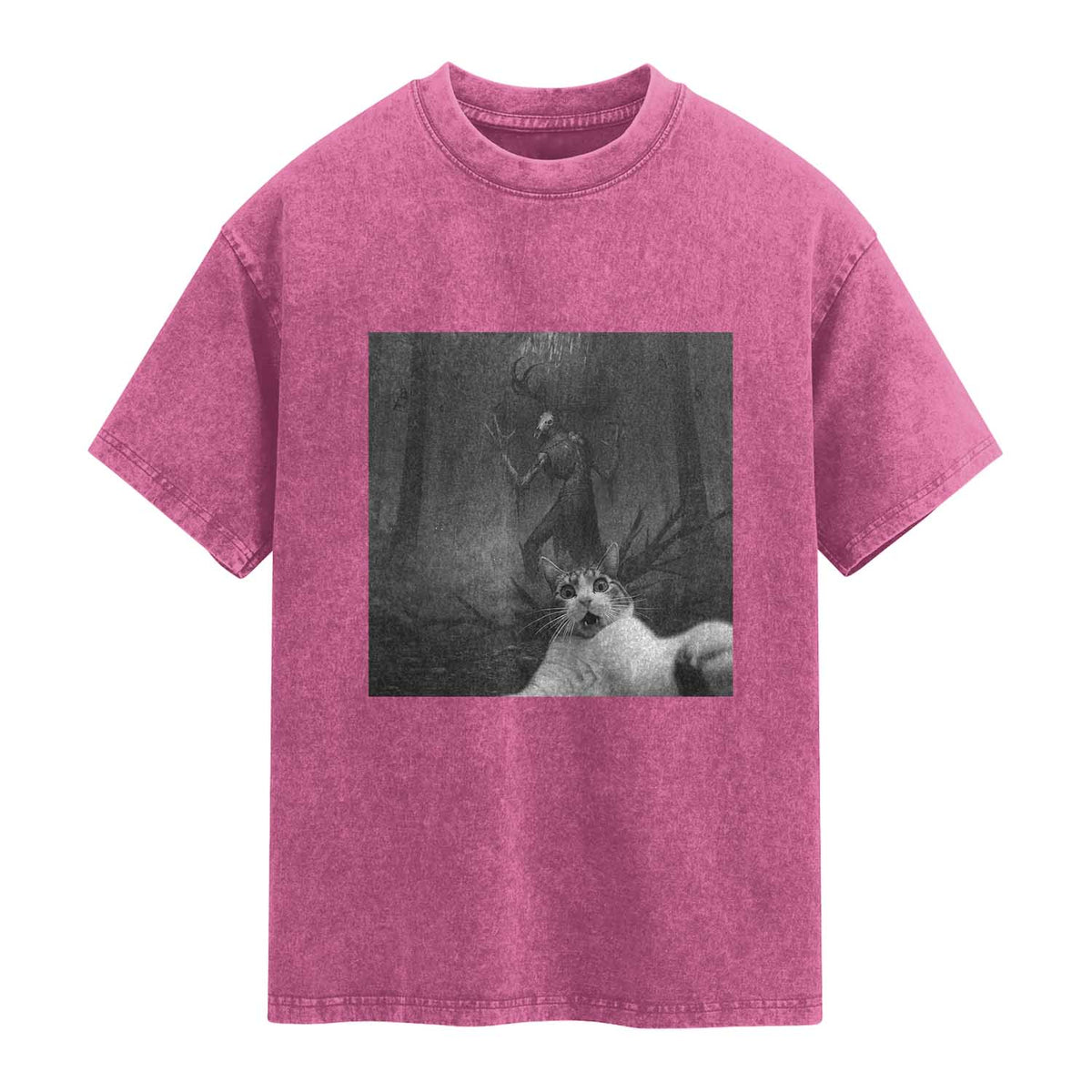 Cat Selfie With Wendigo Washed Cotton T-Shirt Horror Halloween Funny Cat Gifts