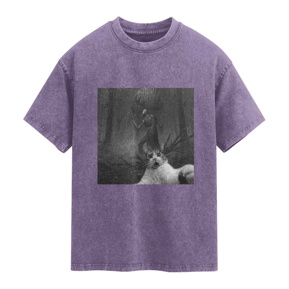 Cat Selfie With Wendigo Washed Cotton T-Shirt Horror Halloween Funny Cat Gifts