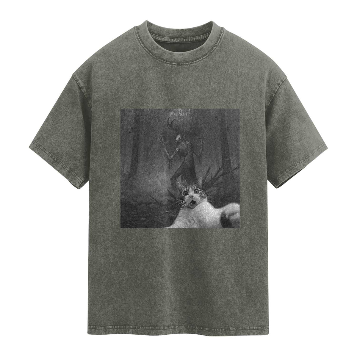 Cat Selfie With Wendigo Washed Cotton T-Shirt Horror Halloween Funny Cat Gifts