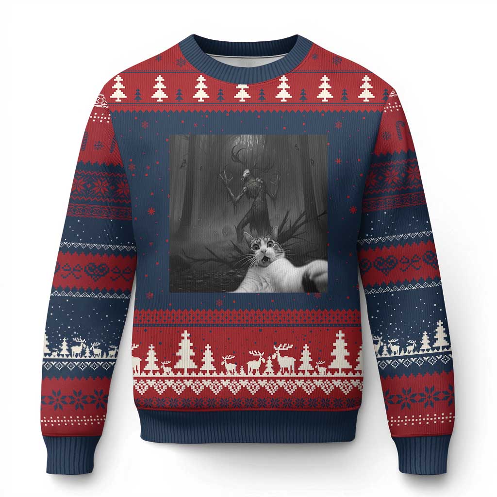 Cat Selfie With Wendigo Ugly Christmas Sweater Horror Halloween Funny Cat Gifts TS10 Navy Red Print Your Wear