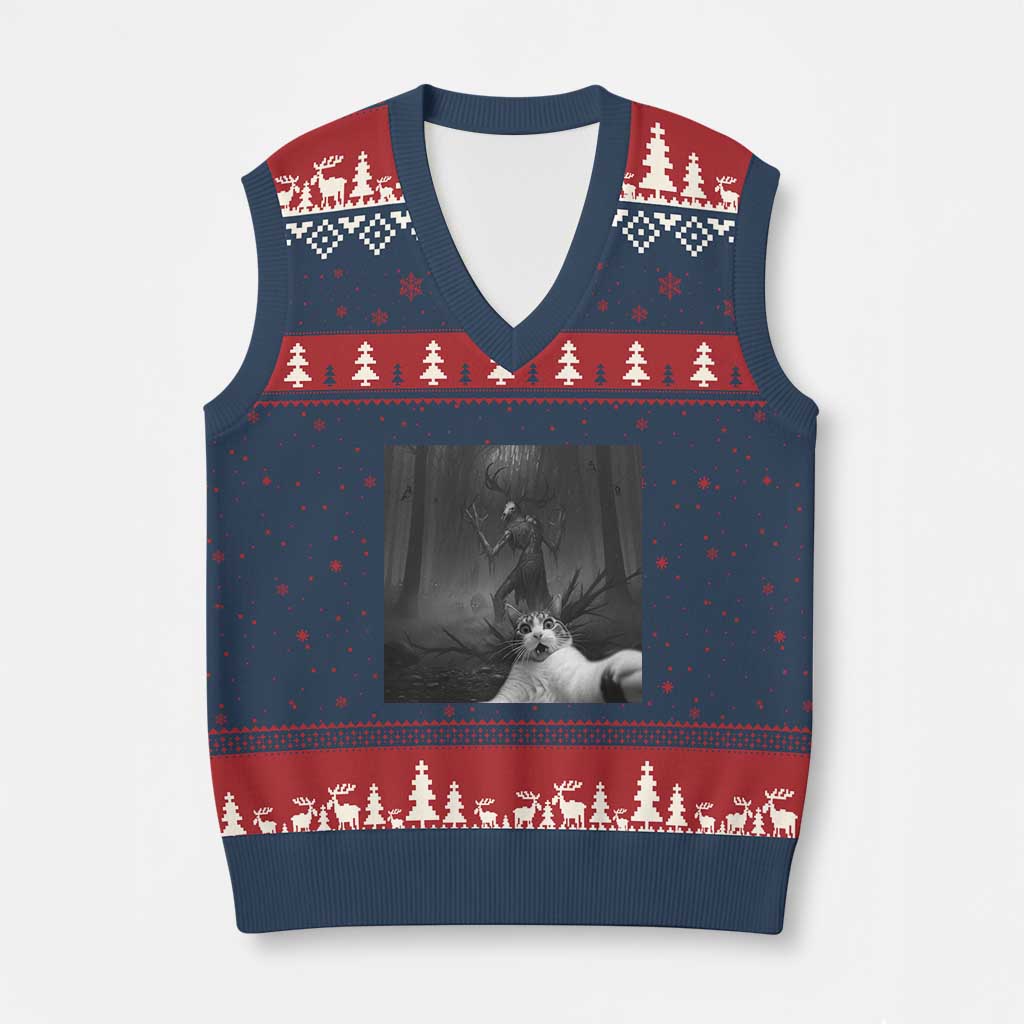Cat Selfie With Wendigo V-Neck Knit Sweater Vest Horror Halloween Funny Cat Gifts TS10 Navy Red Print Your Wear