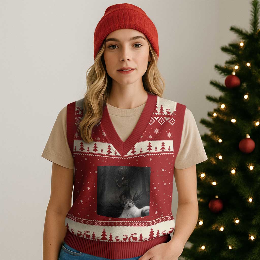 Cat Selfie With Wendigo V-Neck Knit Sweater Vest Horror Halloween Funny Cat Gifts TS10 Red Beige Print Your Wear