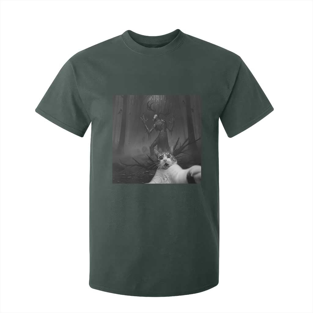 Cat Selfie With Wendigo T Shirt For Kid Horror Halloween Funny Cat Gifts TS10 Dark Forest Green Print Your Wear