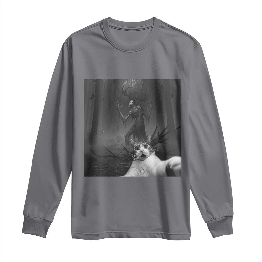 Cat Selfie With Wendigo Long Sleeve Shirt Horror Halloween Funny Cat Gifts TS10 Charcoal Print Your Wear