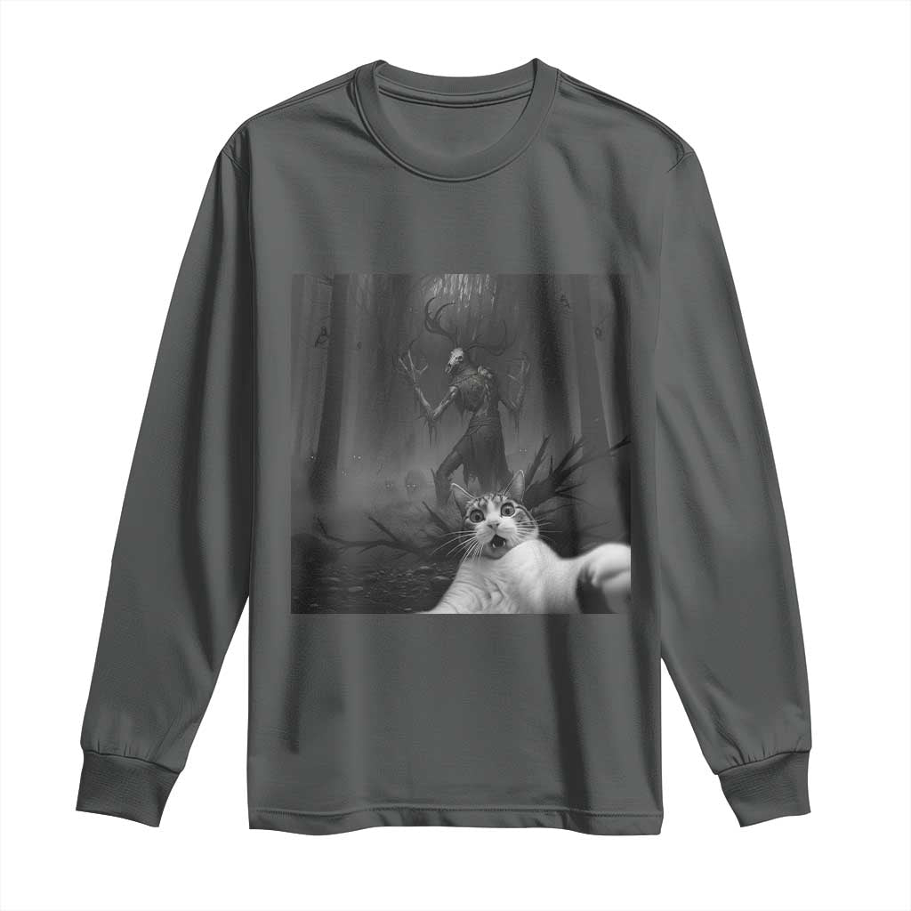 Cat Selfie With Wendigo Long Sleeve Shirt Horror Halloween Funny Cat Gifts TS10 Dark Heather Print Your Wear