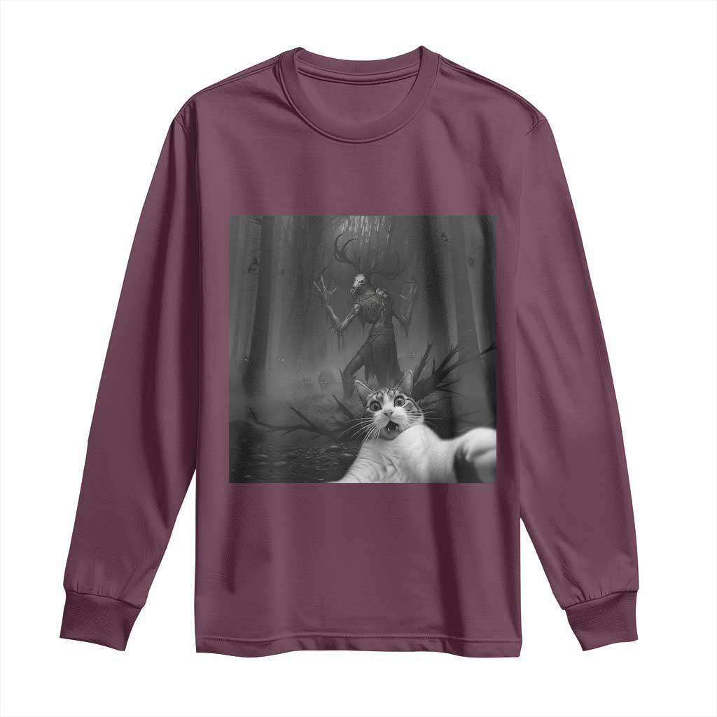 Cat Selfie With Wendigo Long Sleeve Shirt Horror Halloween Funny Cat Gifts TS10 Maroon Print Your Wear