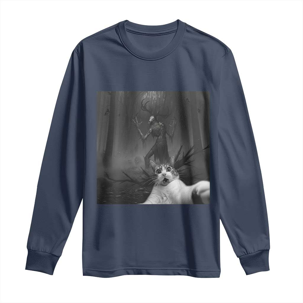 Cat Selfie With Wendigo Long Sleeve Shirt Horror Halloween Funny Cat Gifts TS10 Navy Print Your Wear