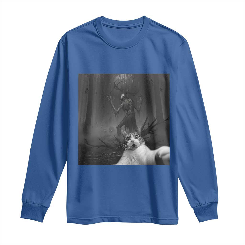 Cat Selfie With Wendigo Long Sleeve Shirt Horror Halloween Funny Cat Gifts TS10 Royal Blue Print Your Wear