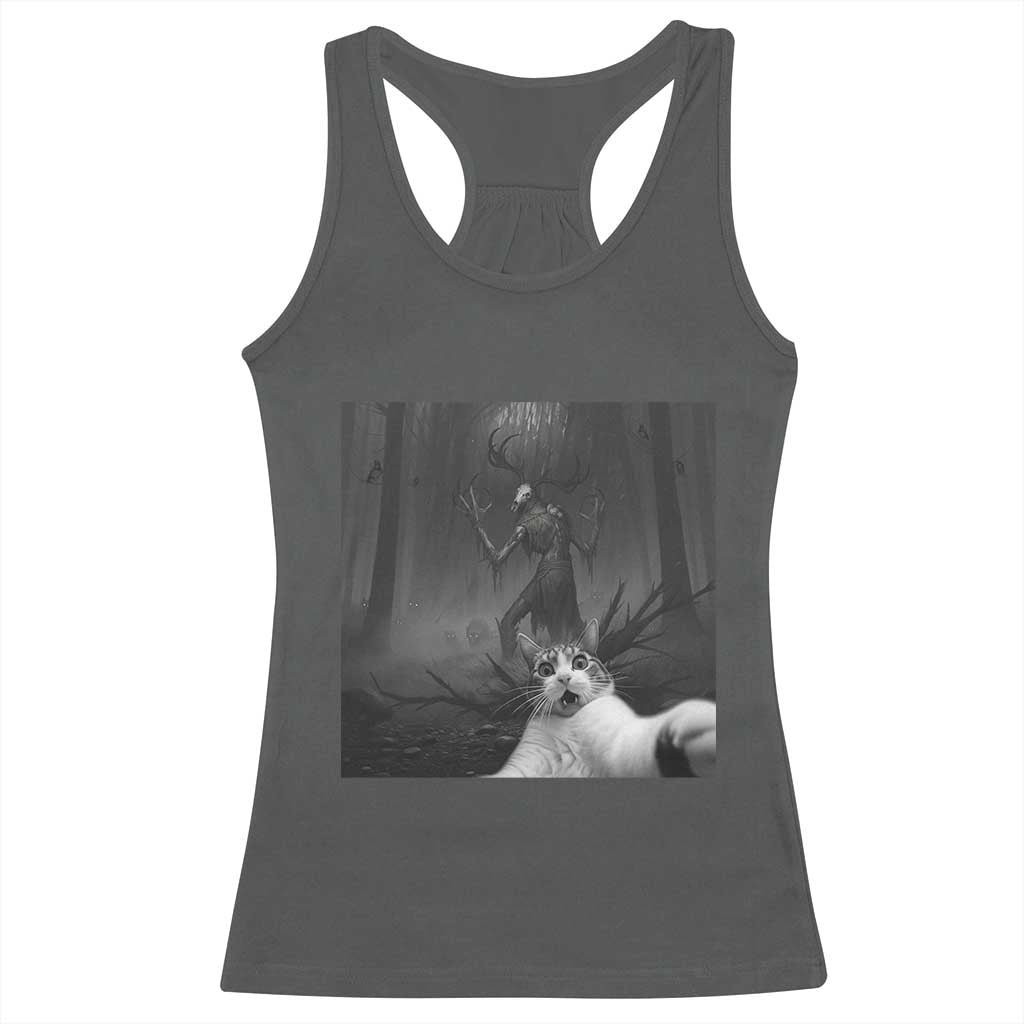 Cat Selfie With Wendigo Racerback Tank Top Horror Halloween Funny Cat Gifts TS10 Dark Heather Print Your Wear