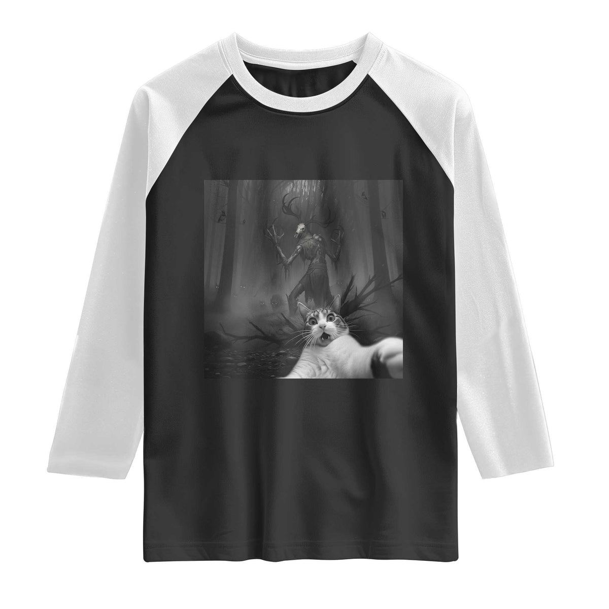 Cat Selfie With Wendigo Raglan Shirt Horror Halloween Funny Cat Gifts TS10 Black White Print Your Wear