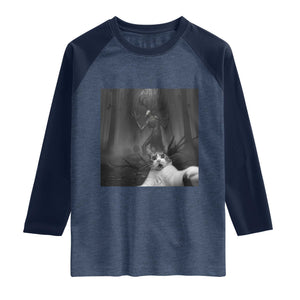Cat Selfie With Wendigo Raglan Shirt Horror Halloween Funny Cat Gifts TS10 Heather Denim Navy Print Your Wear