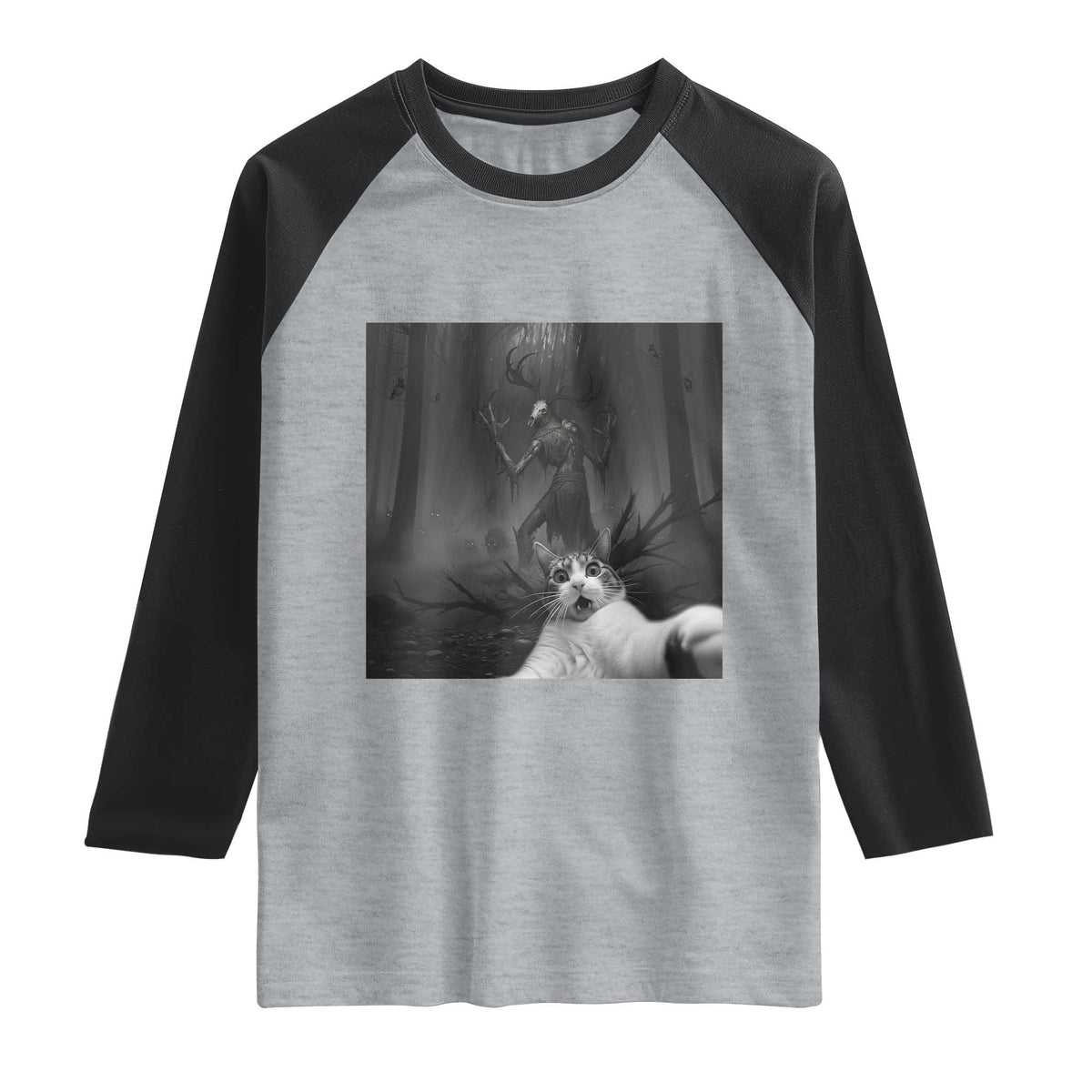 Cat Selfie With Wendigo Raglan Shirt Horror Halloween Funny Cat Gifts TS10 Heather Gray Black Print Your Wear