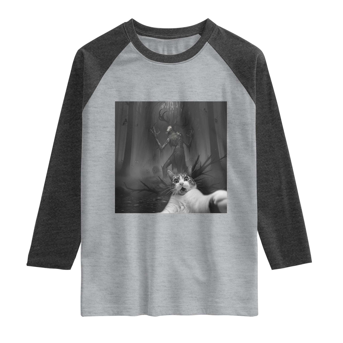 Cat Selfie With Wendigo Raglan Shirt Horror Halloween Funny Cat Gifts TS10 Heather Gray Heather Charcoal Print Your Wear