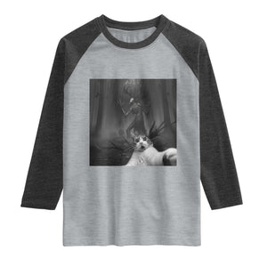 Cat Selfie With Wendigo Raglan Shirt Horror Halloween Funny Cat Gifts TS10 Heather Gray Heather Charcoal Print Your Wear