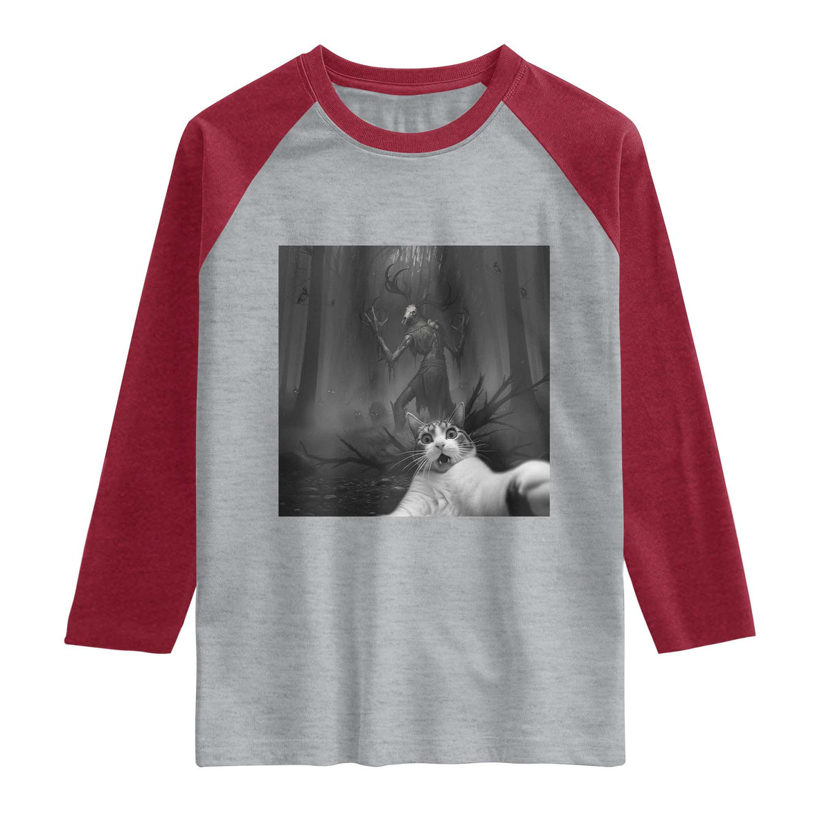 Cat Selfie With Wendigo Raglan Shirt Horror Halloween Funny Cat Gifts TS10 Heather Gray Heather Red Print Your Wear