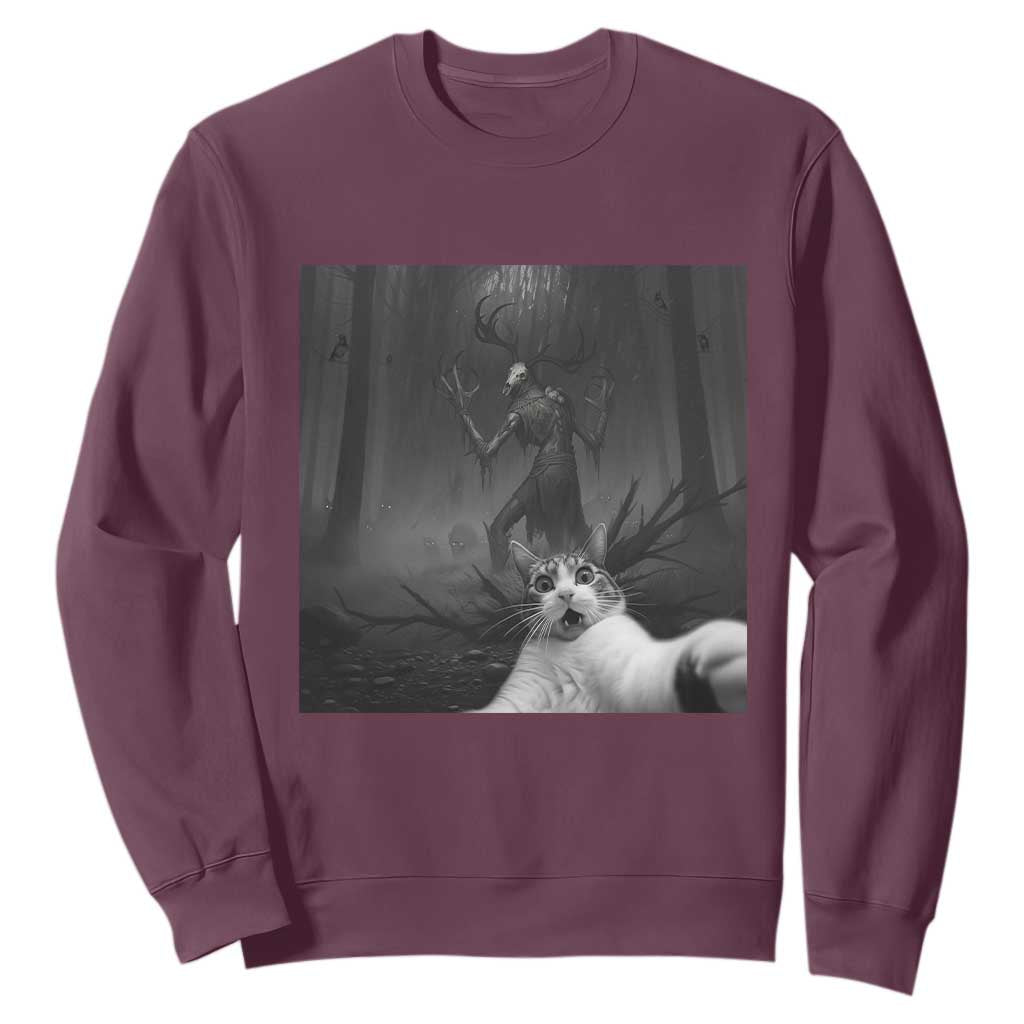 Cat Selfie With Wendigo Sweatshirt Horror Halloween Funny Cat Gifts TS10 Maroon Print Your Wear