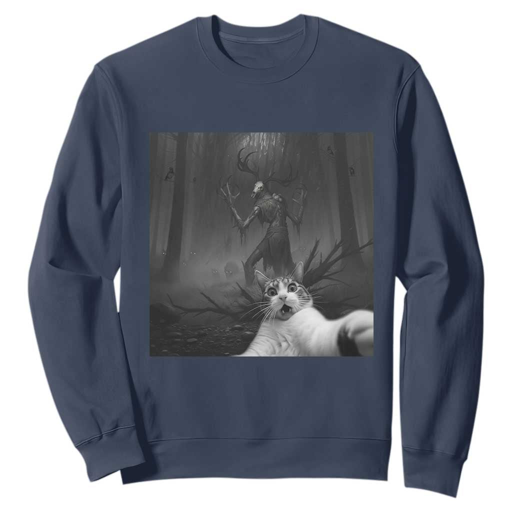 Cat Selfie With Wendigo Sweatshirt Horror Halloween Funny Cat Gifts TS10 Navy Print Your Wear