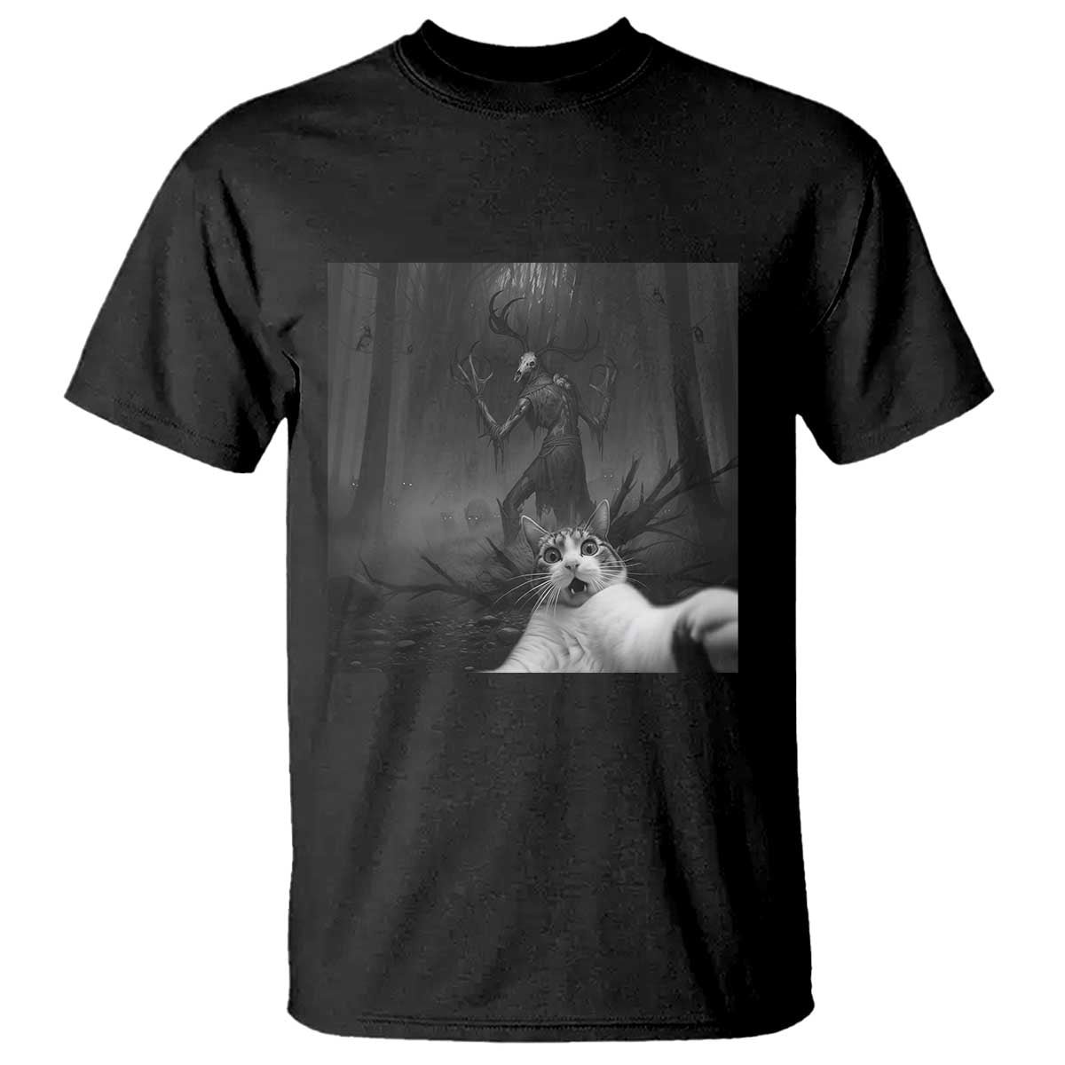 Cat Selfie With Wendigo T Shirt Horror Halloween Funny Cat Gifts TS10 Black Print Your Wear