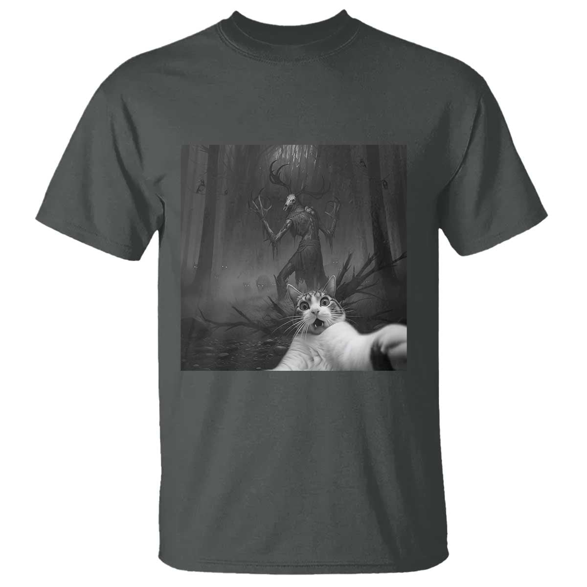 Cat Selfie With Wendigo T Shirt Horror Halloween Funny Cat Gifts TS10 Dark Heather Print Your Wear
