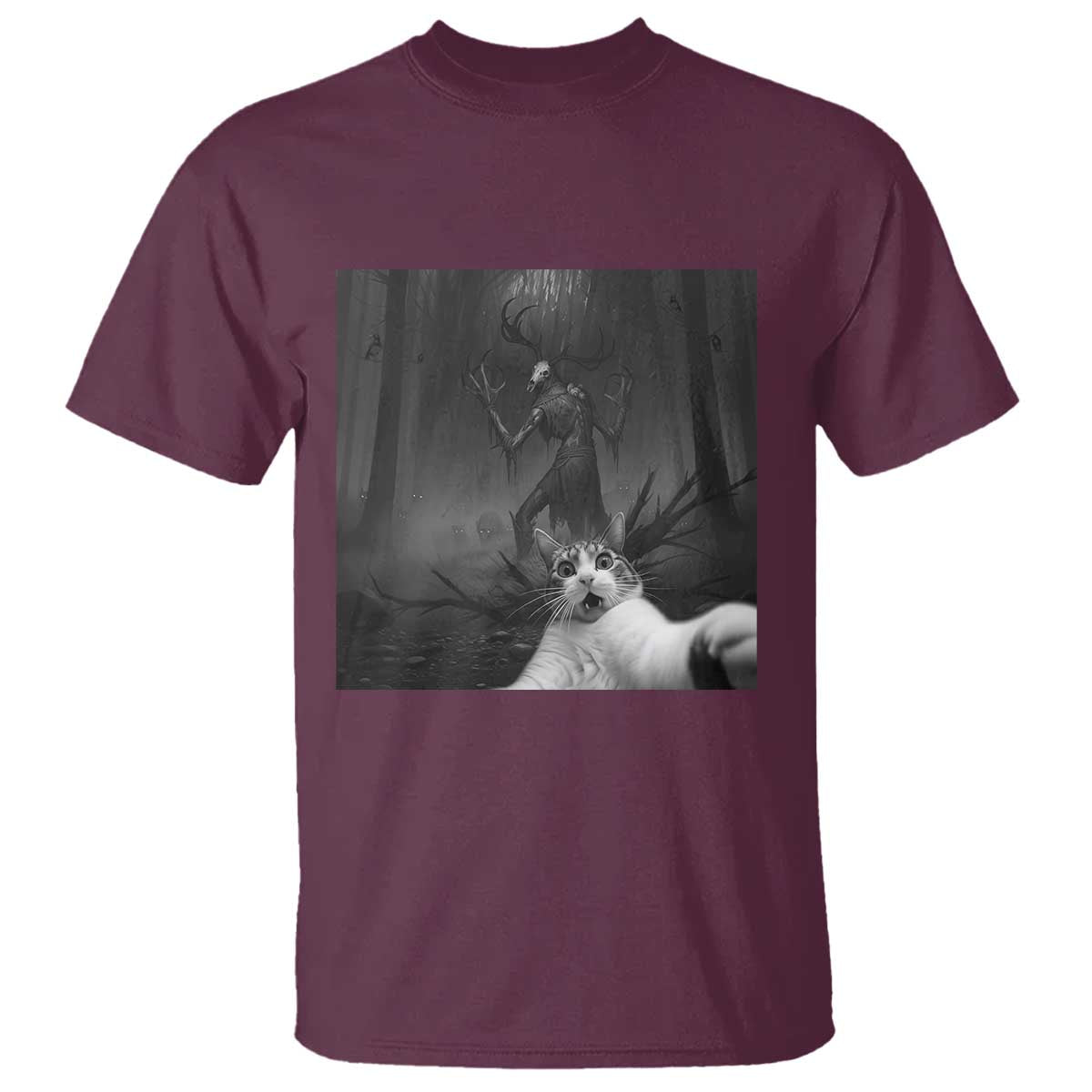 Cat Selfie With Wendigo T Shirt Horror Halloween Funny Cat Gifts TS10 Maroon Print Your Wear